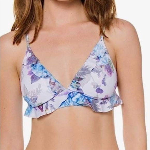 BECCA Blue Vintage Floral Print Ruffled Bikini Top - Picture 1 of 8